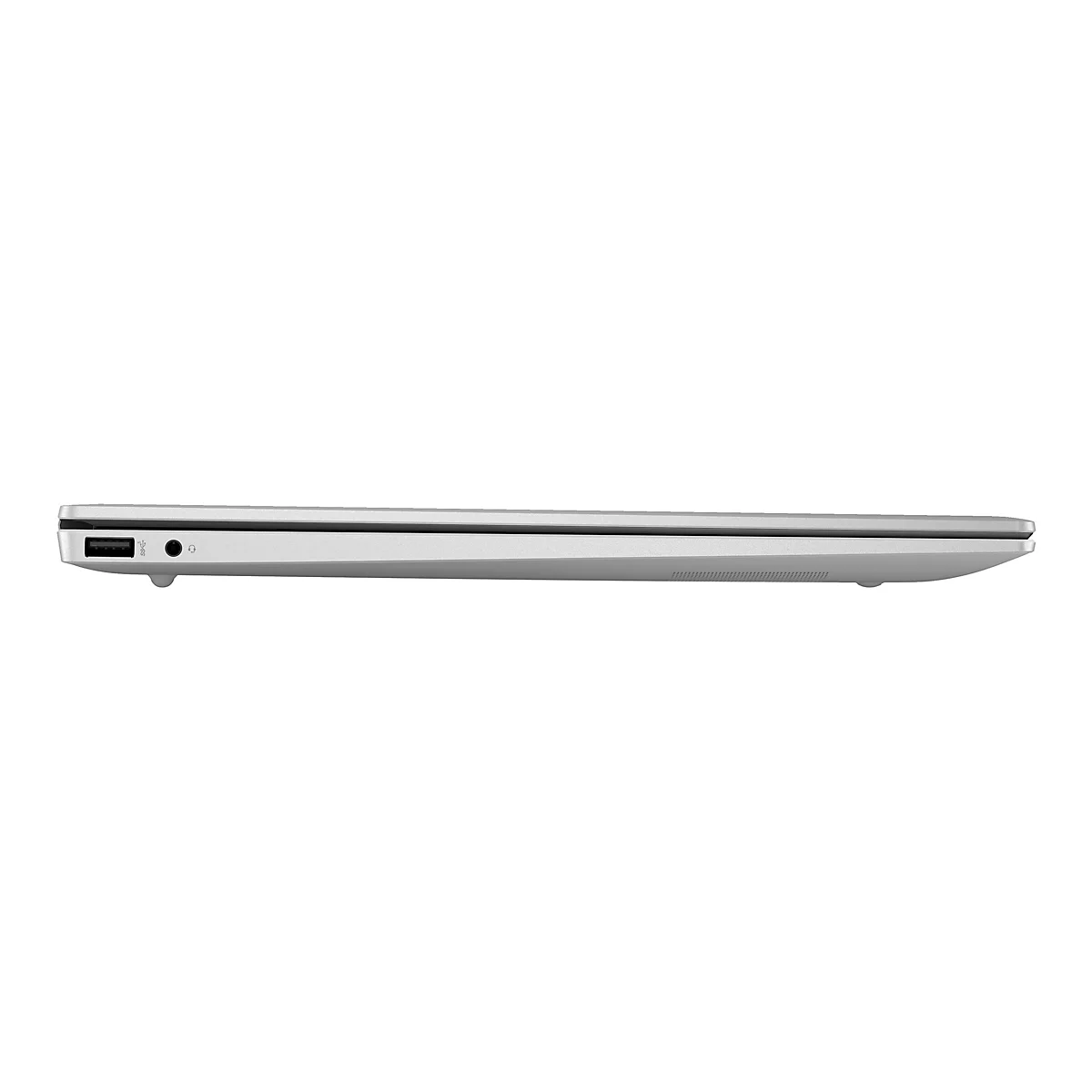 Seitenansicht eines silberfarbenen Laptops. Unten befinden sich USB-Anschluss, Kopfhöreranschluss und ein Mikrofon. Auf weißem Grund.