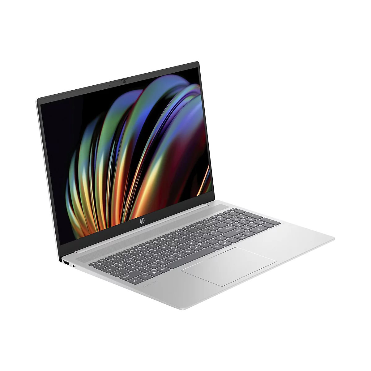 Hellgrauer Laptop mit geöffnetem Display, auf dem ein abstraktes, farbenfrohes Muster zu sehen ist. Die Tastatur ist dunkelgrau mit weißen Buchstaben. Der Laptop steht diagonal auf weißem Hintergrund.