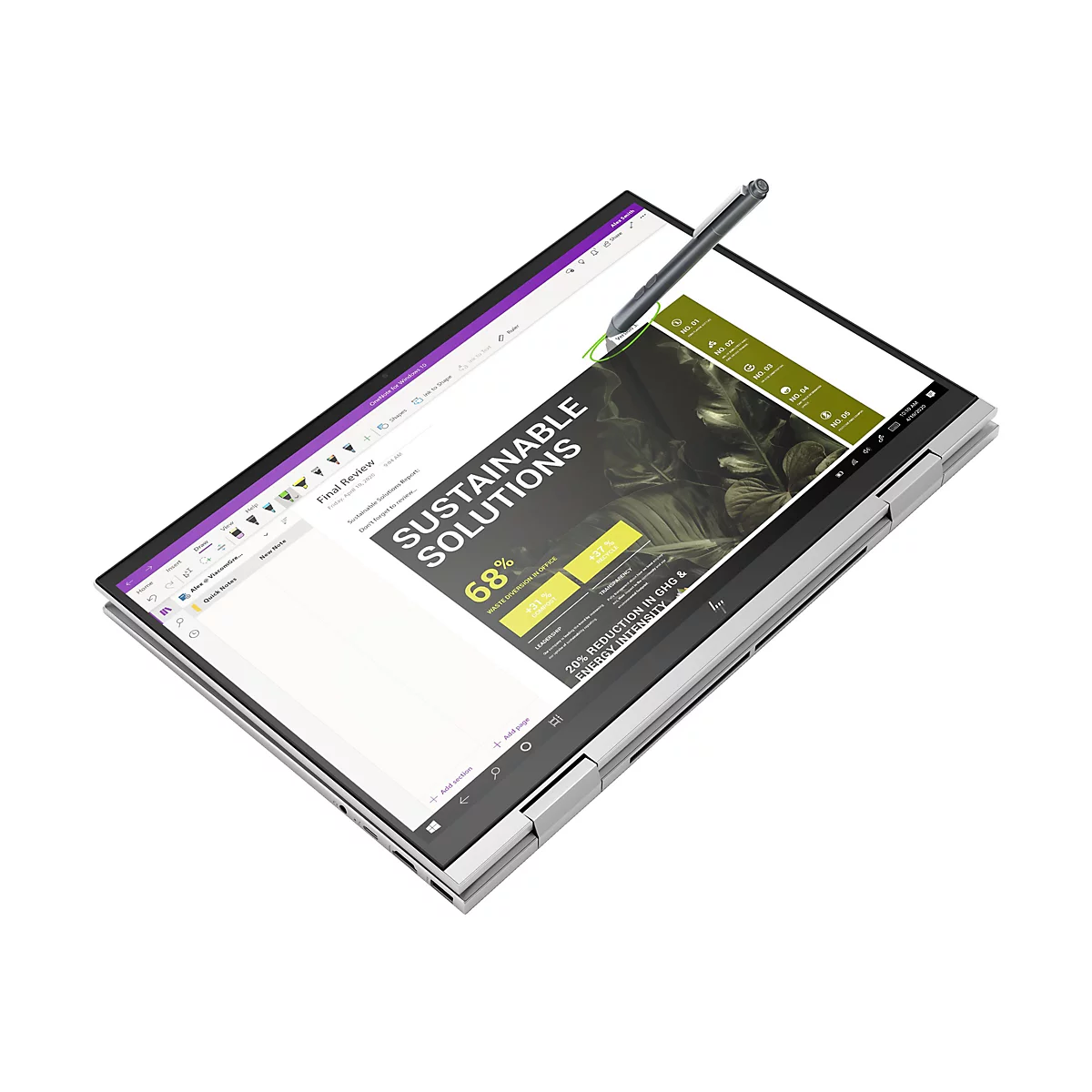 Ein silbernes Convertible-Notebook mit aufgeklapptem Touchscreen, auf dem ein OneNote-Dokument und ein Eingabestift liegen.