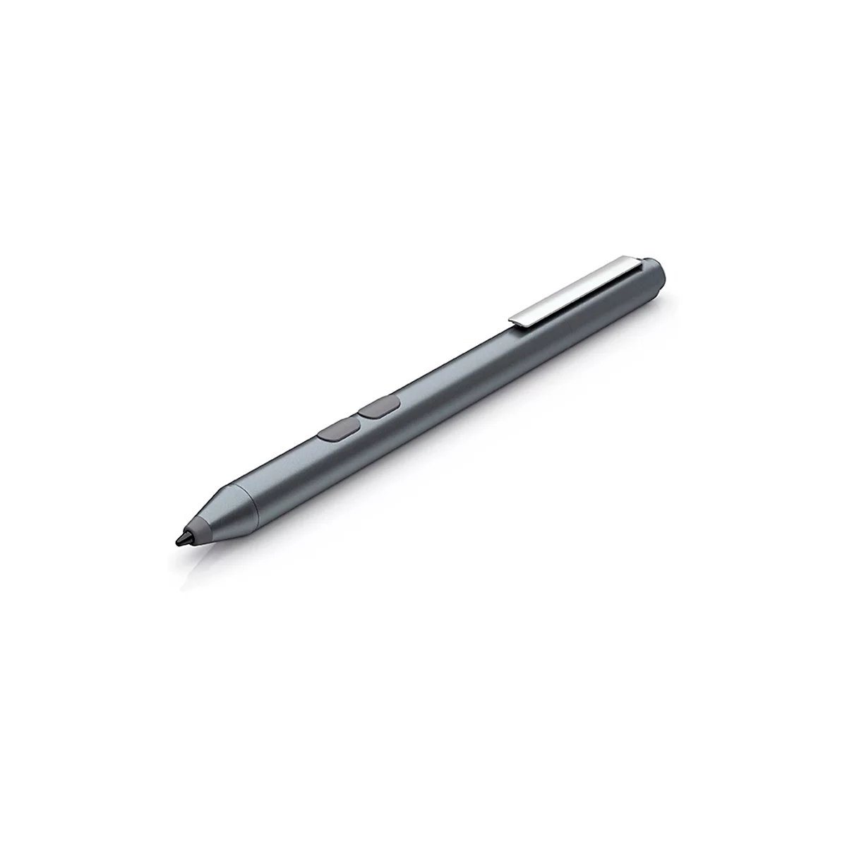 Grauer, schlanker Eingabestift mit silbernem Clip und zwei Tasten auf der Vorderseite vor weißem Hintergrund.
