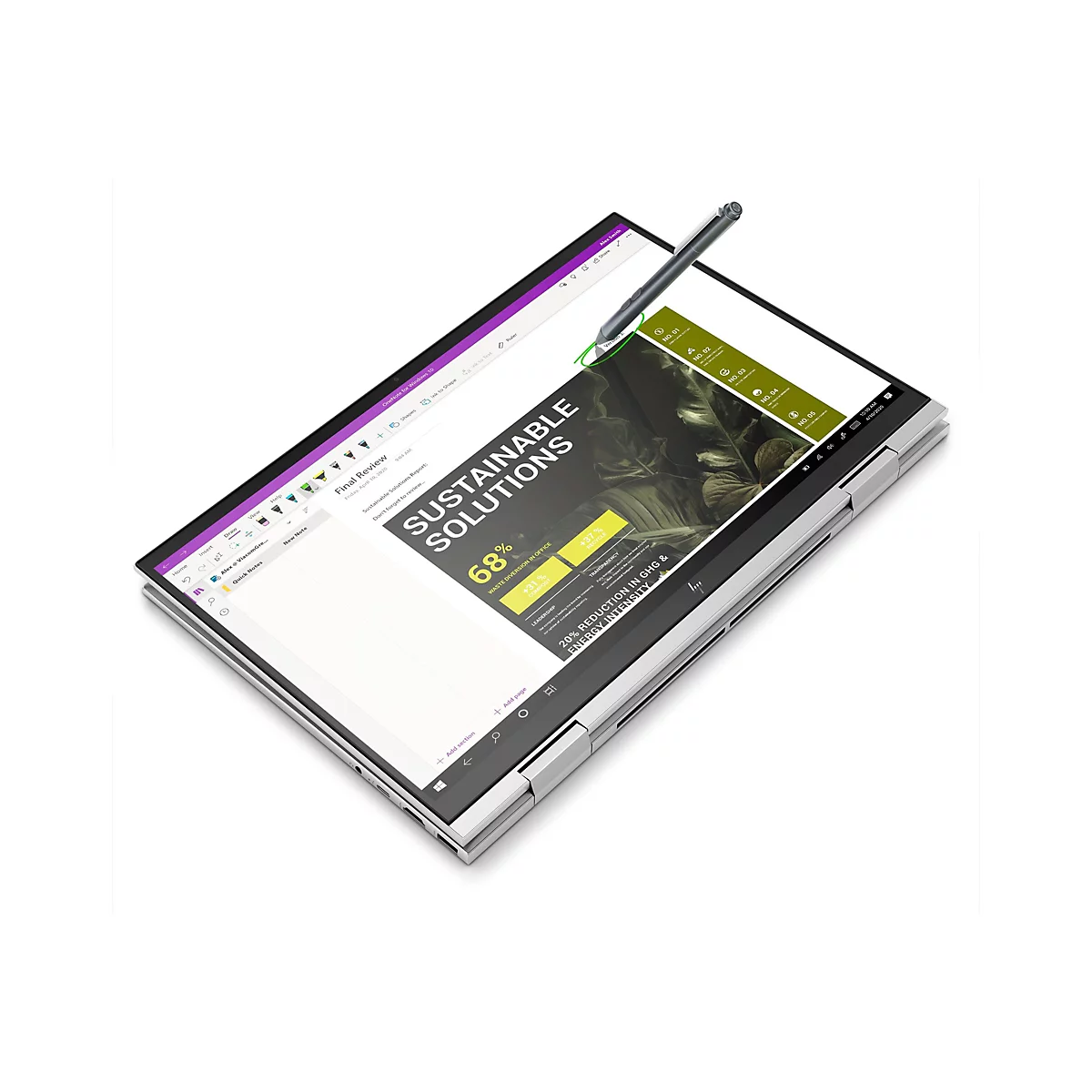 Silbernes 2-in-1 Laptop im aufgeklappten Zustand, bedient mit einem Eingabestift auf dem Touchscreen.