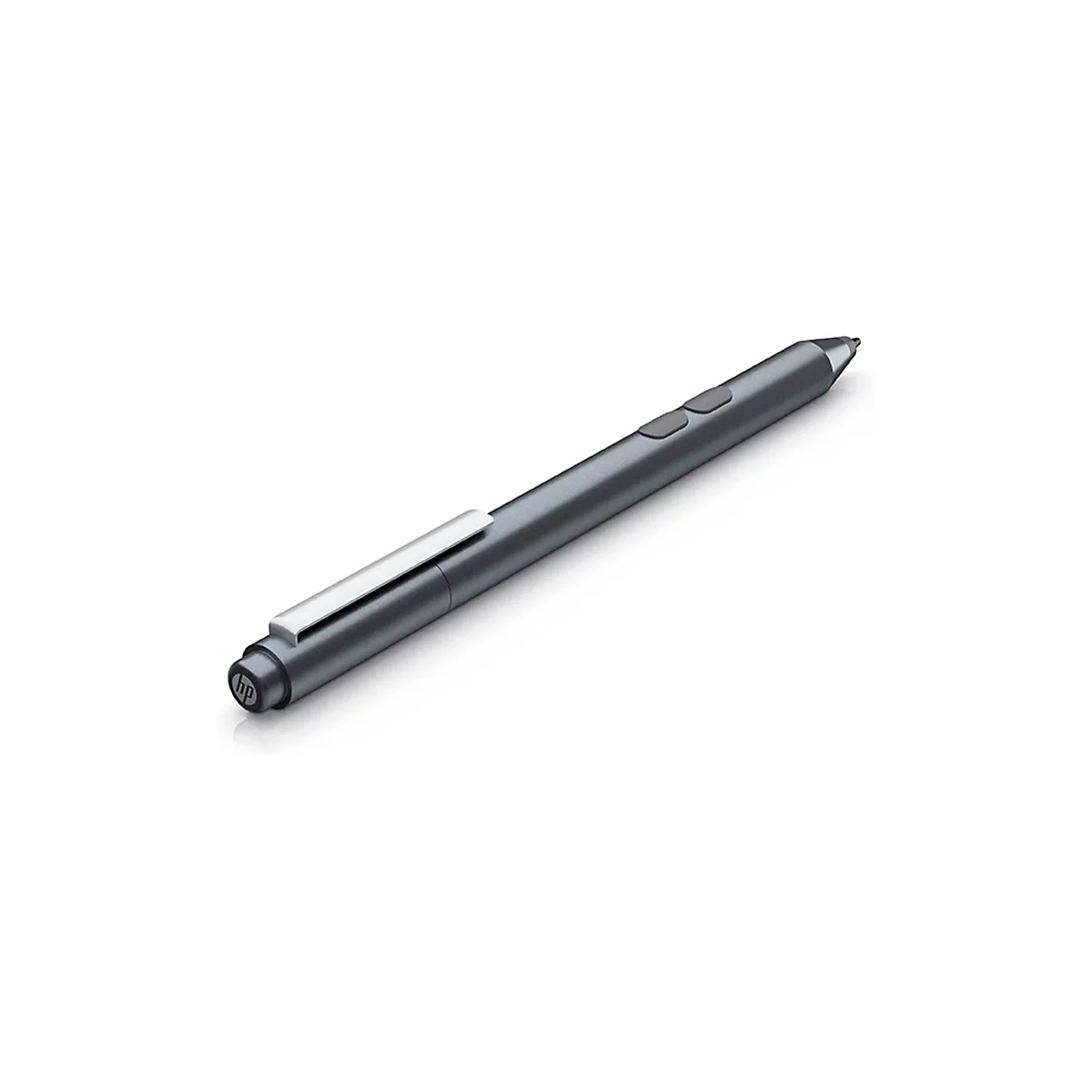 Dunkelgrauer HP Eingabestift mit silbernem Clip vor neutralem Hintergrund.