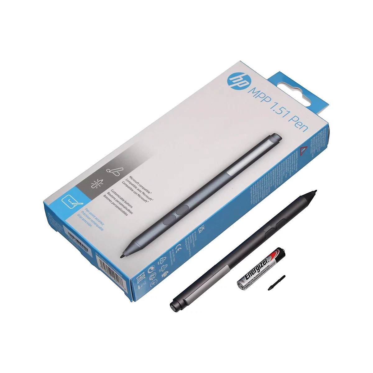 Ein grauer HP MPP 1.51 Pen-Stift mit Verpackung und Ersatzbatterie, detailreich abgebildet.