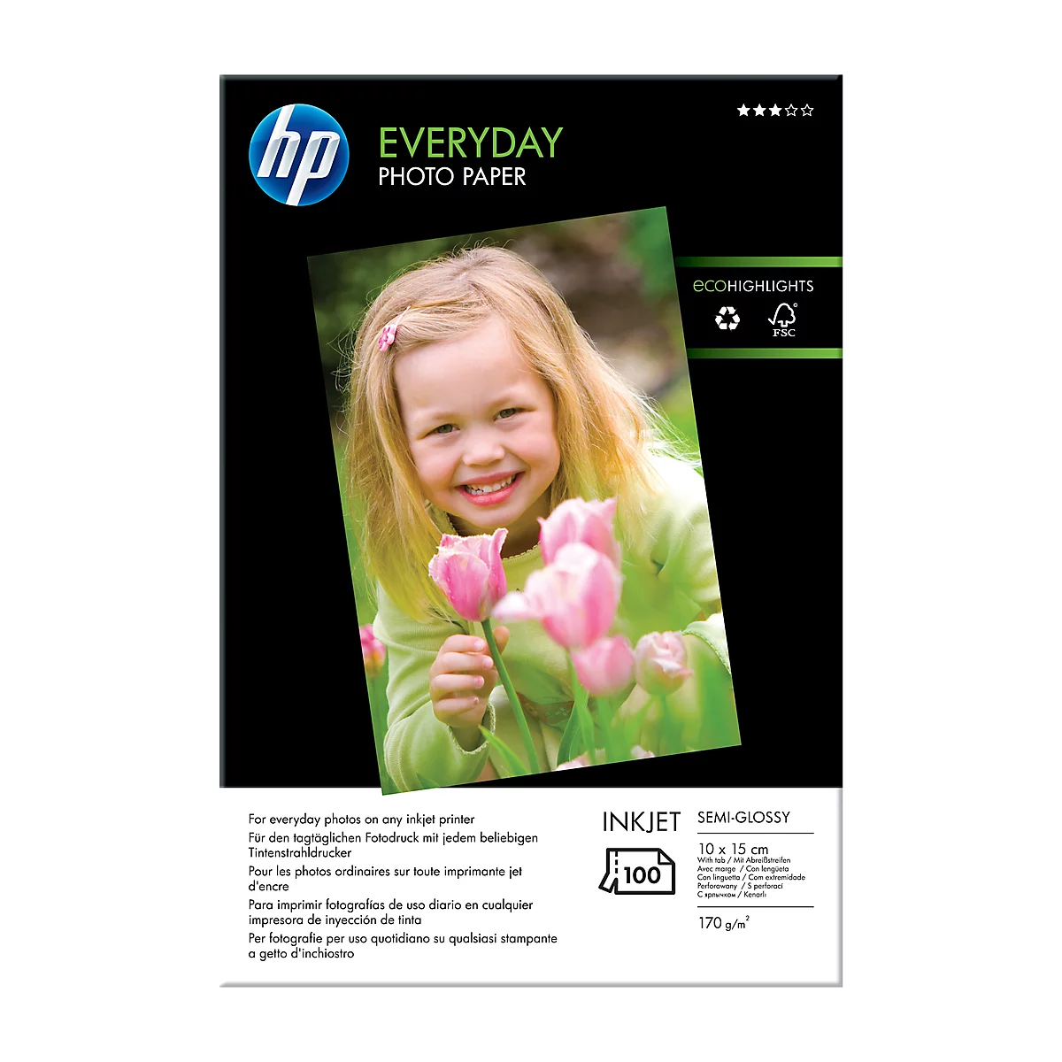 A smiling girl holding pink tulips, on a pack of HP photo paper.