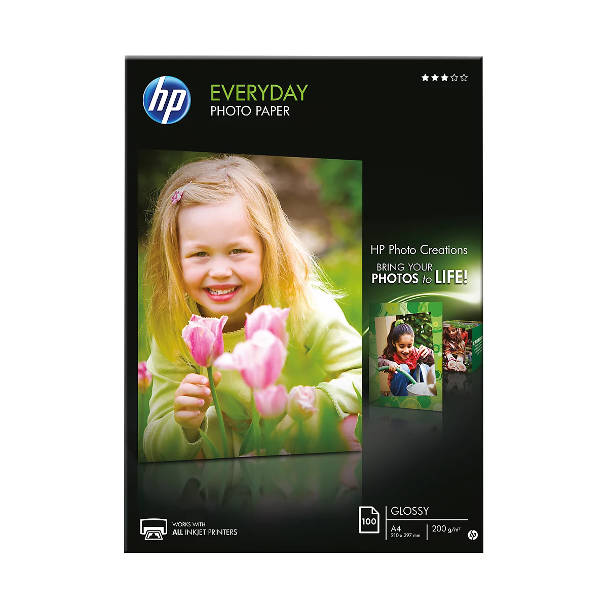 A smiling blonde girl holding pink tulips. On the packaging for HP Everyday photo paper.