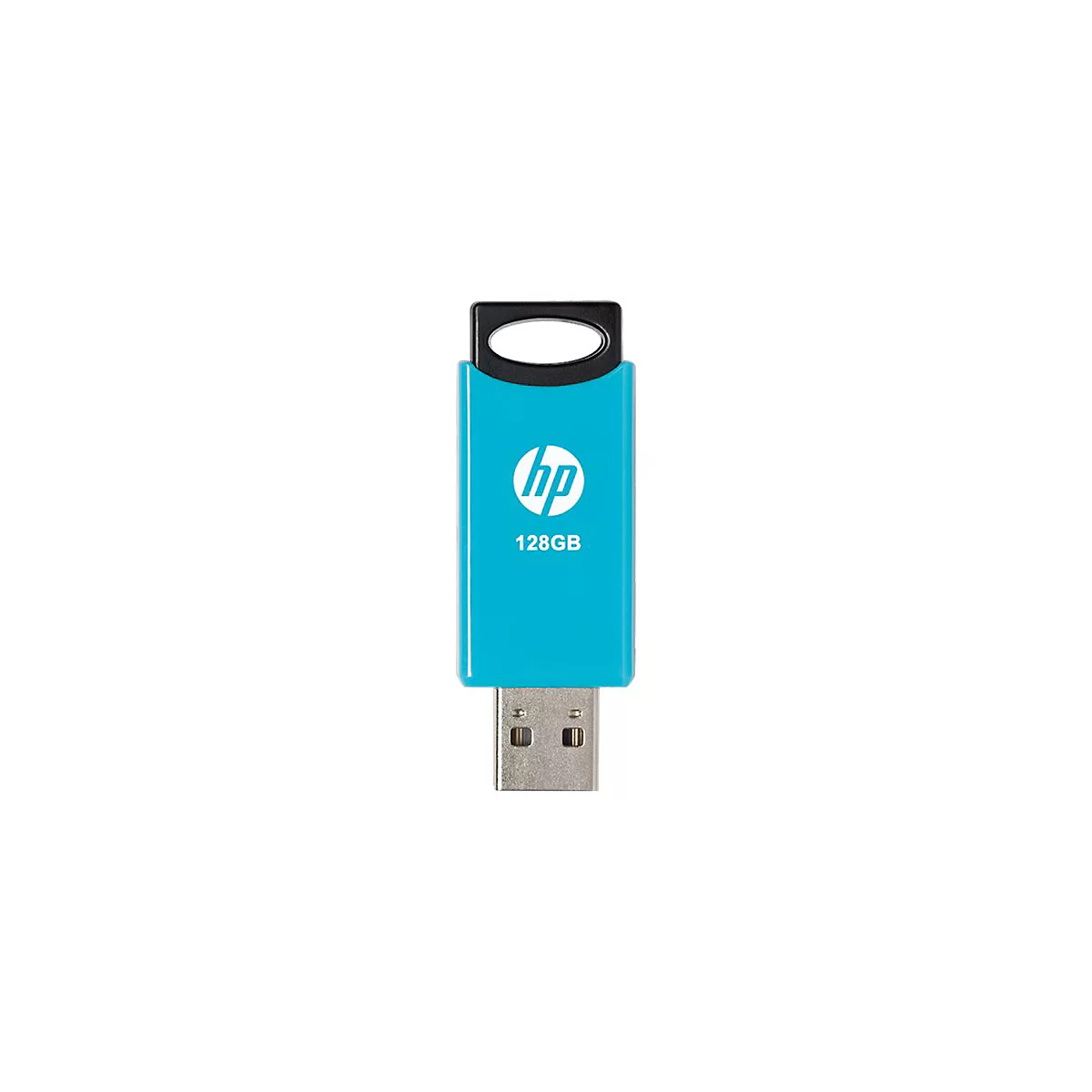 Hellblaues HP USB-Laufwerk mit weißem Logo und schwarzer Schlaufe. Aufschrift: 128 GB.