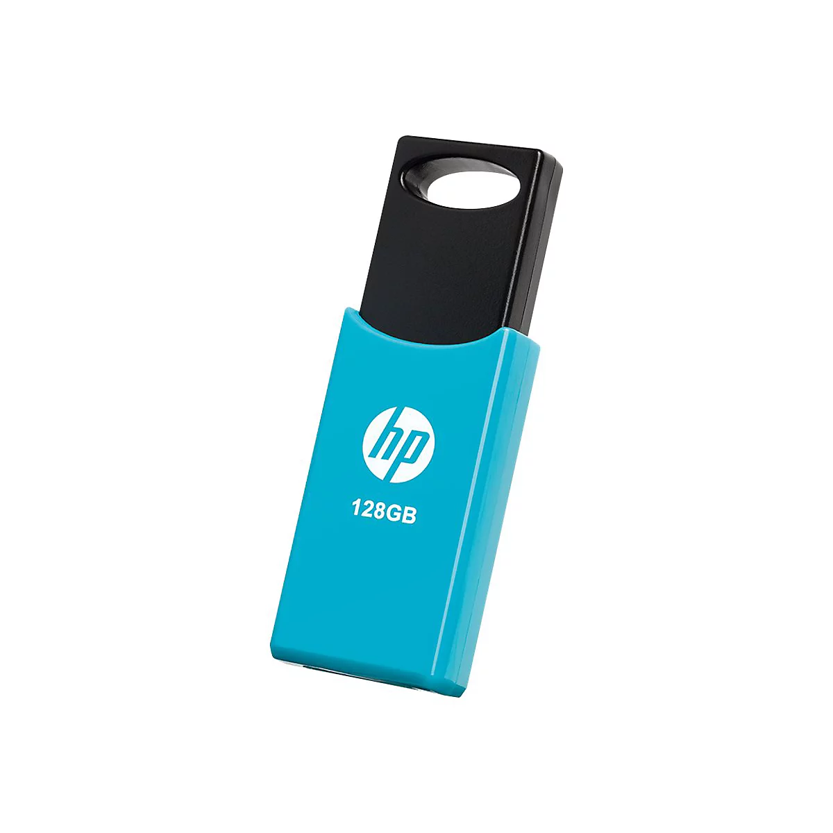 Hellblaues HP USB-Laufwerk mit schwarzem Stecker, HP-Logo und 128GB.