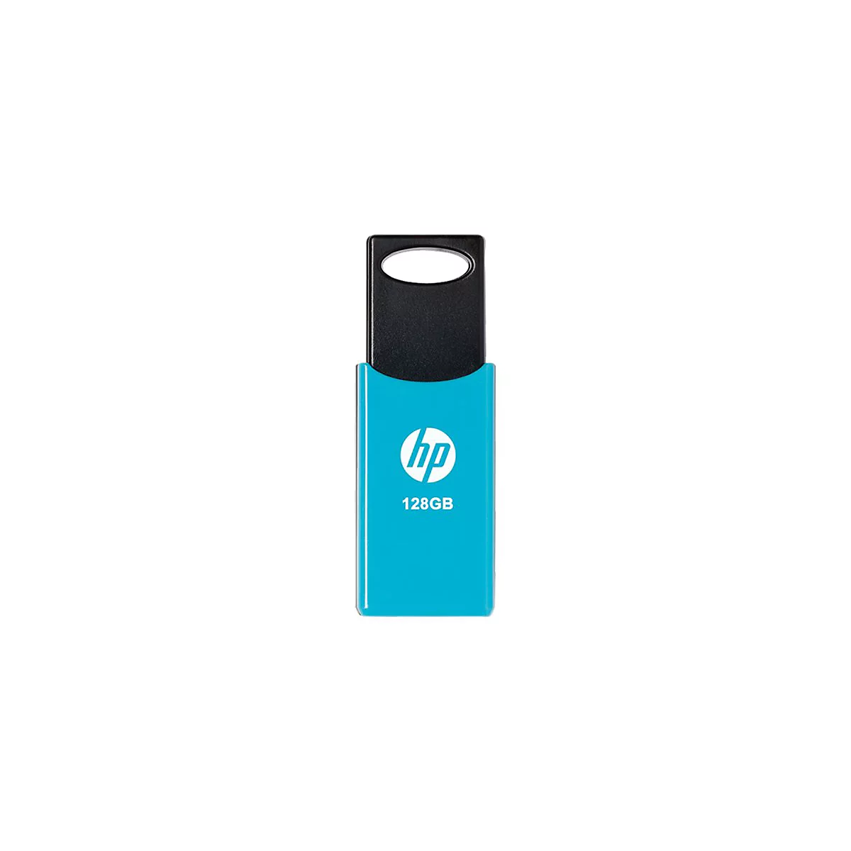 Blauer HP USB-Stick mit 128GB Speicherkapazität und HP-Logo. Schwarze Kappe mit Loch.