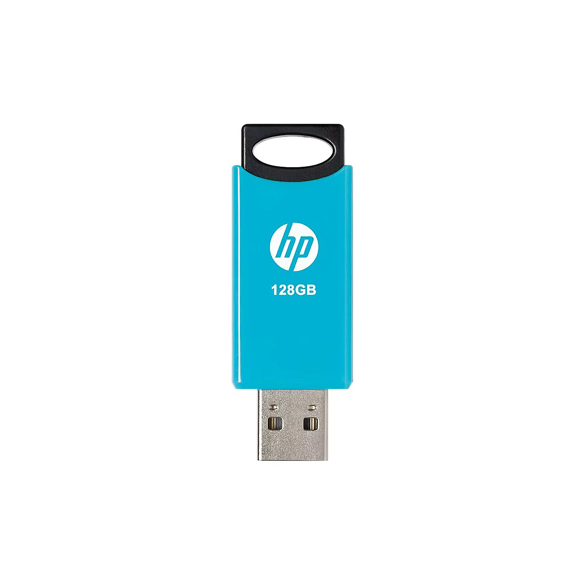 Türkisfarbener USB-Stick mit dem HP-Logo und der Aufschrift 128 GB.