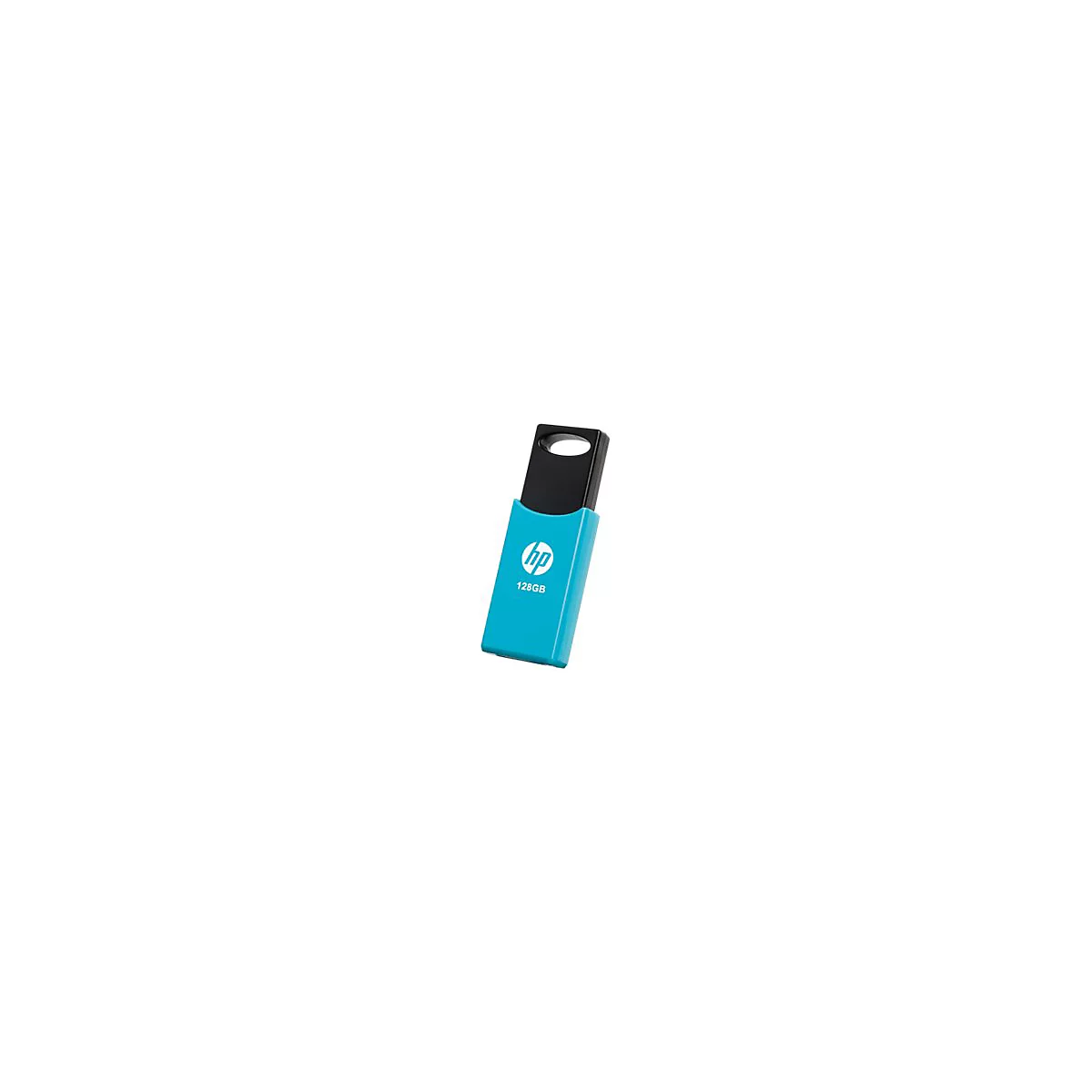 Hellblaues HP USB-Laufwerk. Logo und 128GB-Aufdruck.