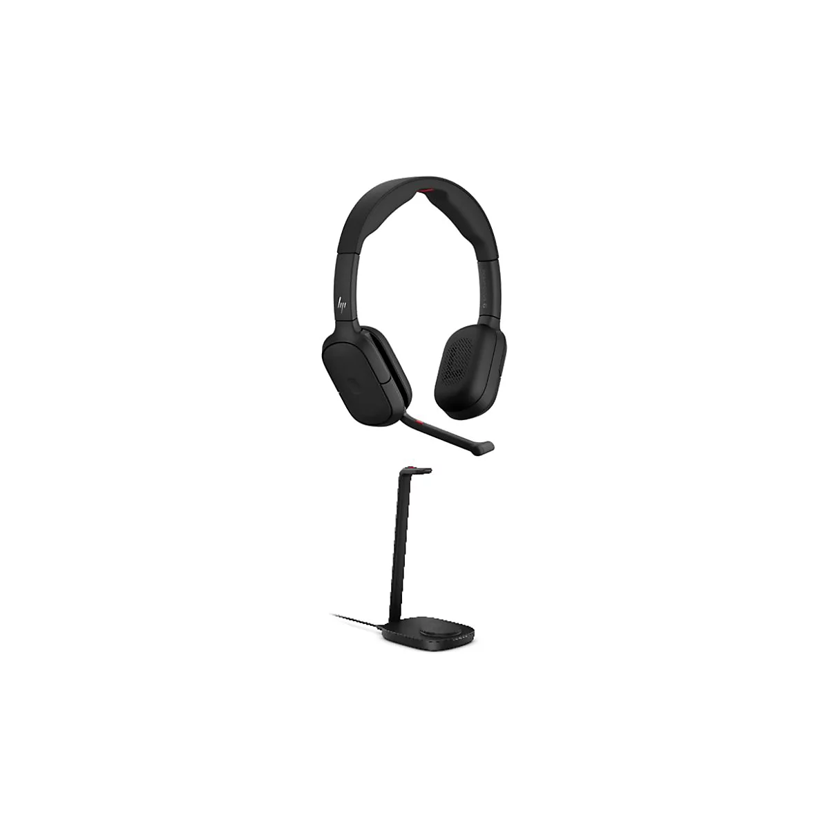 Schwarzes HP Poly Wireless-Headset mit Mikrofonarm und passendem Kopfhörerständer vor weißem Hintergrund.