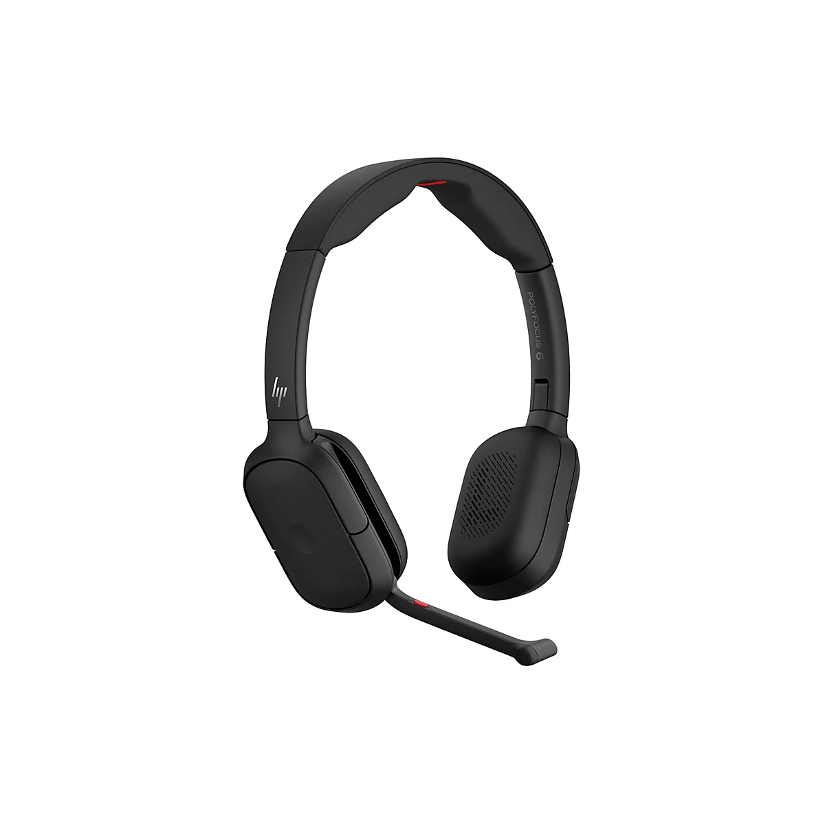Schwarzes Poly Focus 6 Headset mit Mikrofonarm vor weißem Hintergrund.