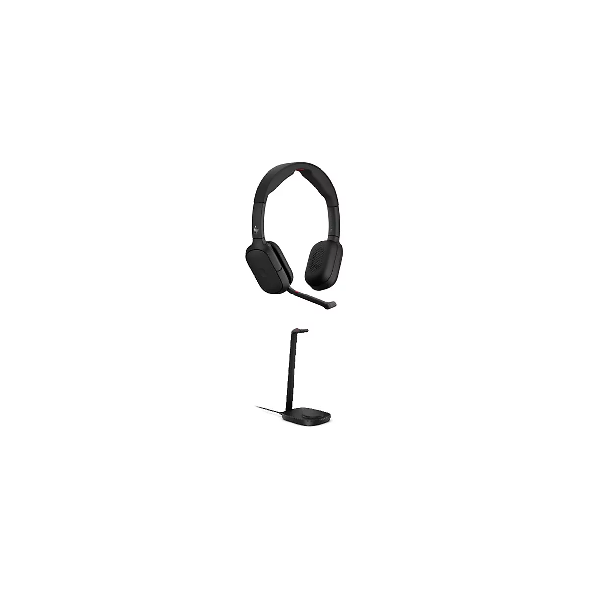 Schwarzes HP Headset mit Mikrofonarm und passender Ladestation vor weißem Hintergrund.