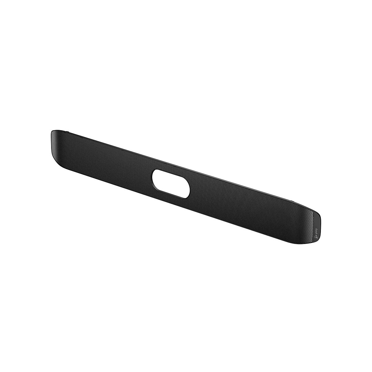 Schwarze Soundbar, ovales Loch, Mikroperforation. Das Poly-Logo ist sichtbar.