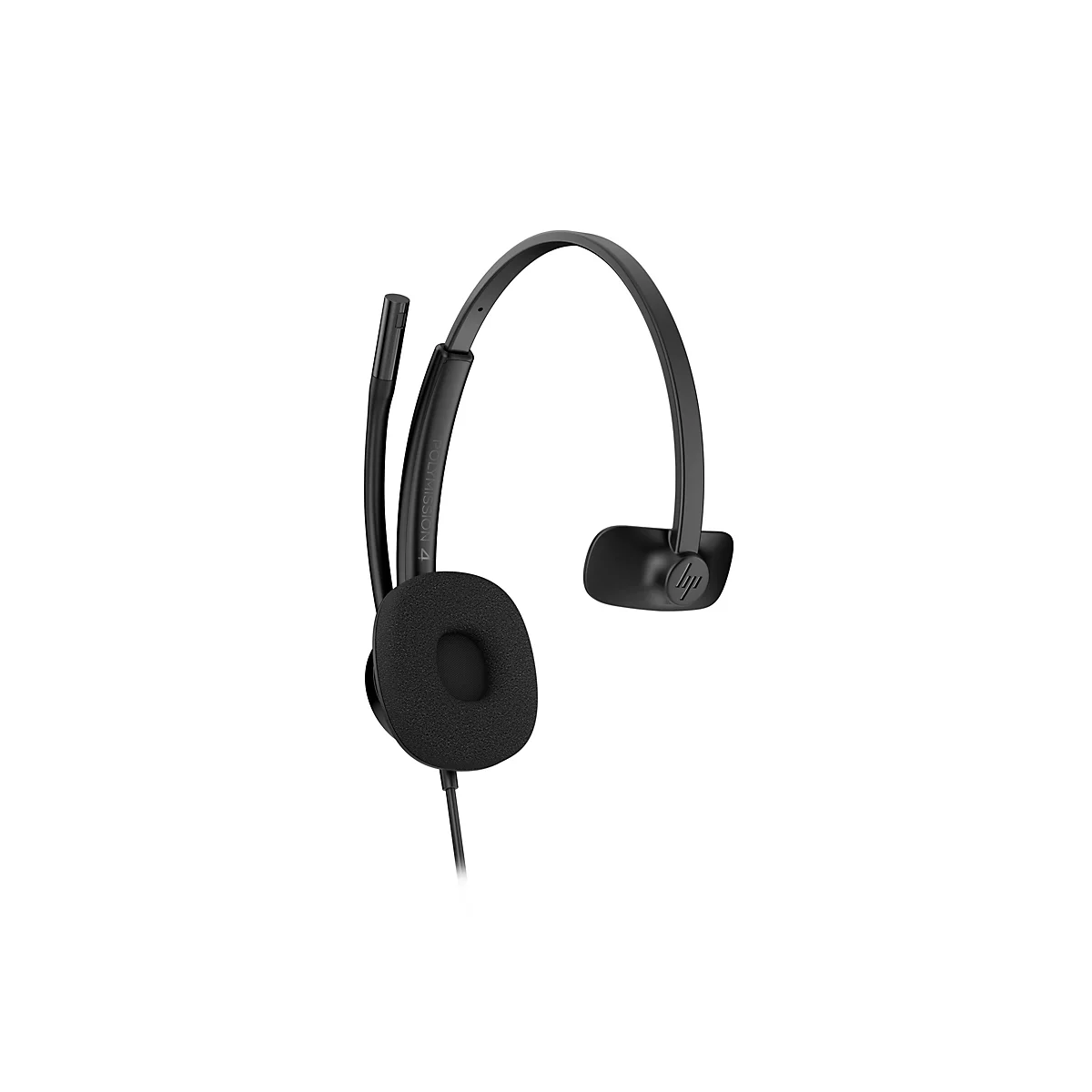 Schwarzes Headset mit Mikrofon auf weißem Hintergrund. Der Name Poly und die Bezeichnung 'Poly Mission 4' sind zu sehen.