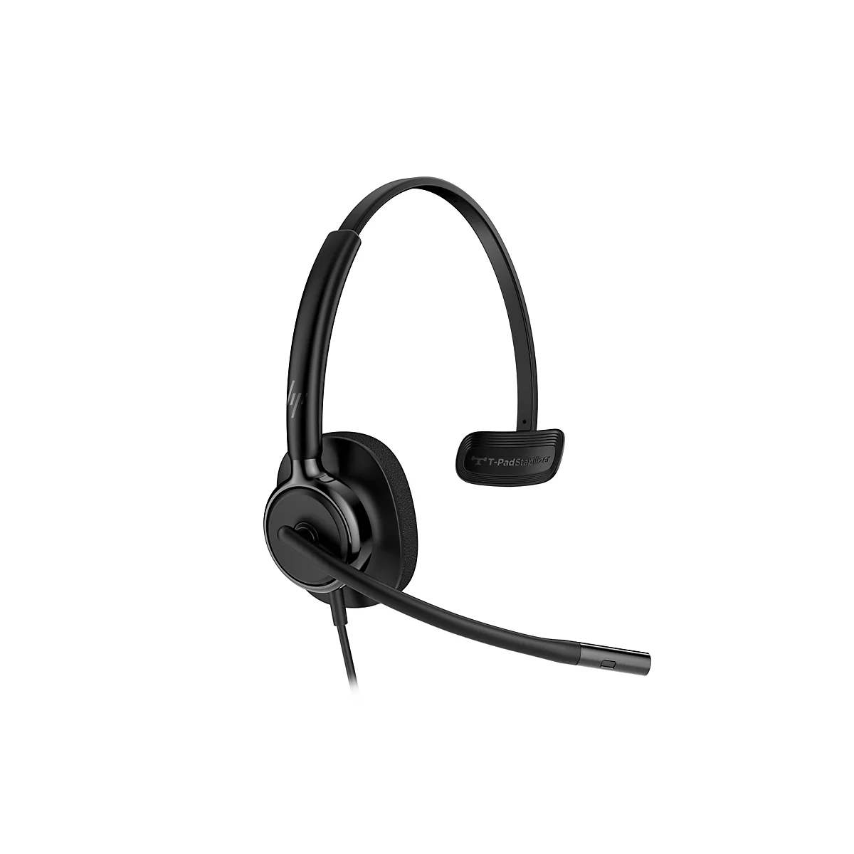 Schwarzes Headset auf weißem Hintergrund. Es hat einen Bügel, einen Lautsprecher, ein Mikrofon und das Logo der Marke.