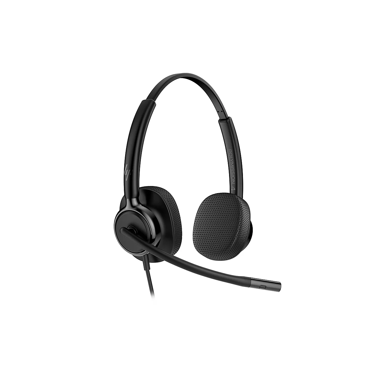 Schwarzes Headset mit Bügel und Mikrofon. Auf den Ohrmuscheln ist ein Lochmuster zu sehen, am Bügel steht „POLYMISSION 4“.
