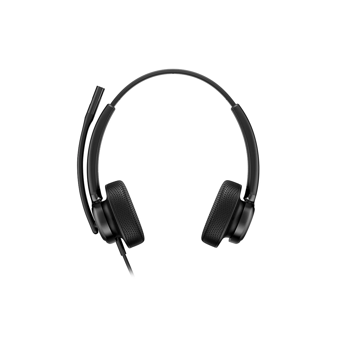 Schwarzes Headset mit Mikrofon auf weißem Hintergrund.