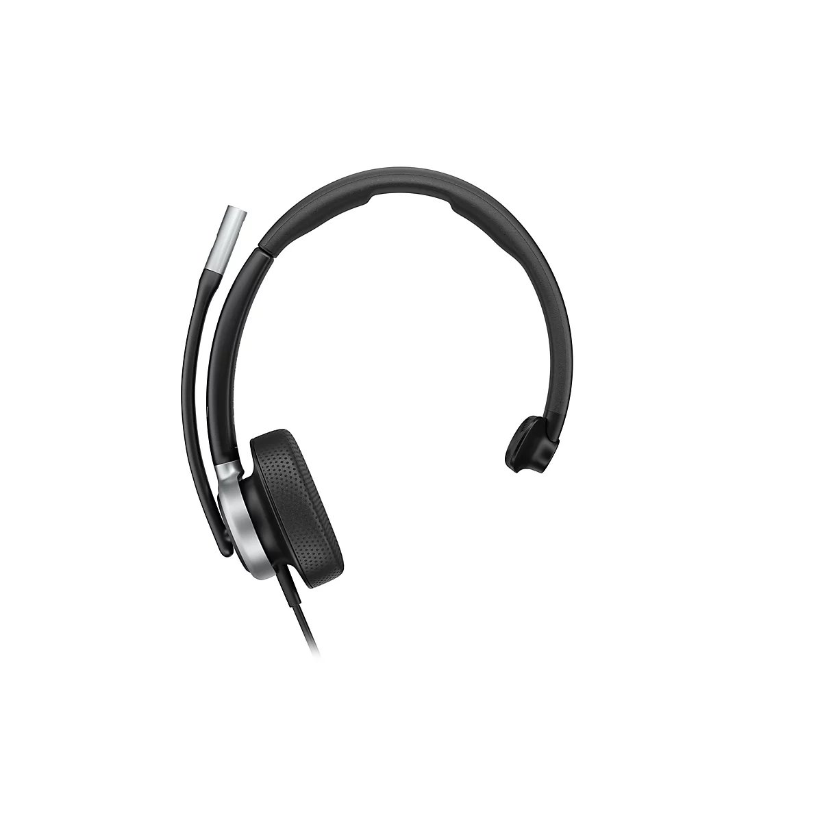 Ein schwarzes Headset mit silberfarbenem Mikrofon vor weißem Hintergrund.