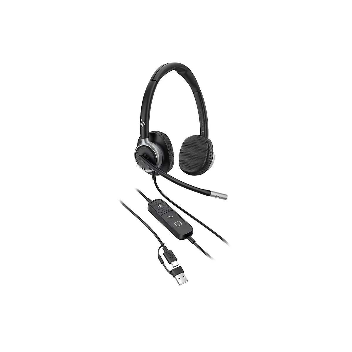 Schwarzes Headset mit Mikrofon und Kabel, das an eine USB-Schnittstelle angeschlossen ist. Auf dem Headset ist das HP-Logo zu sehen.