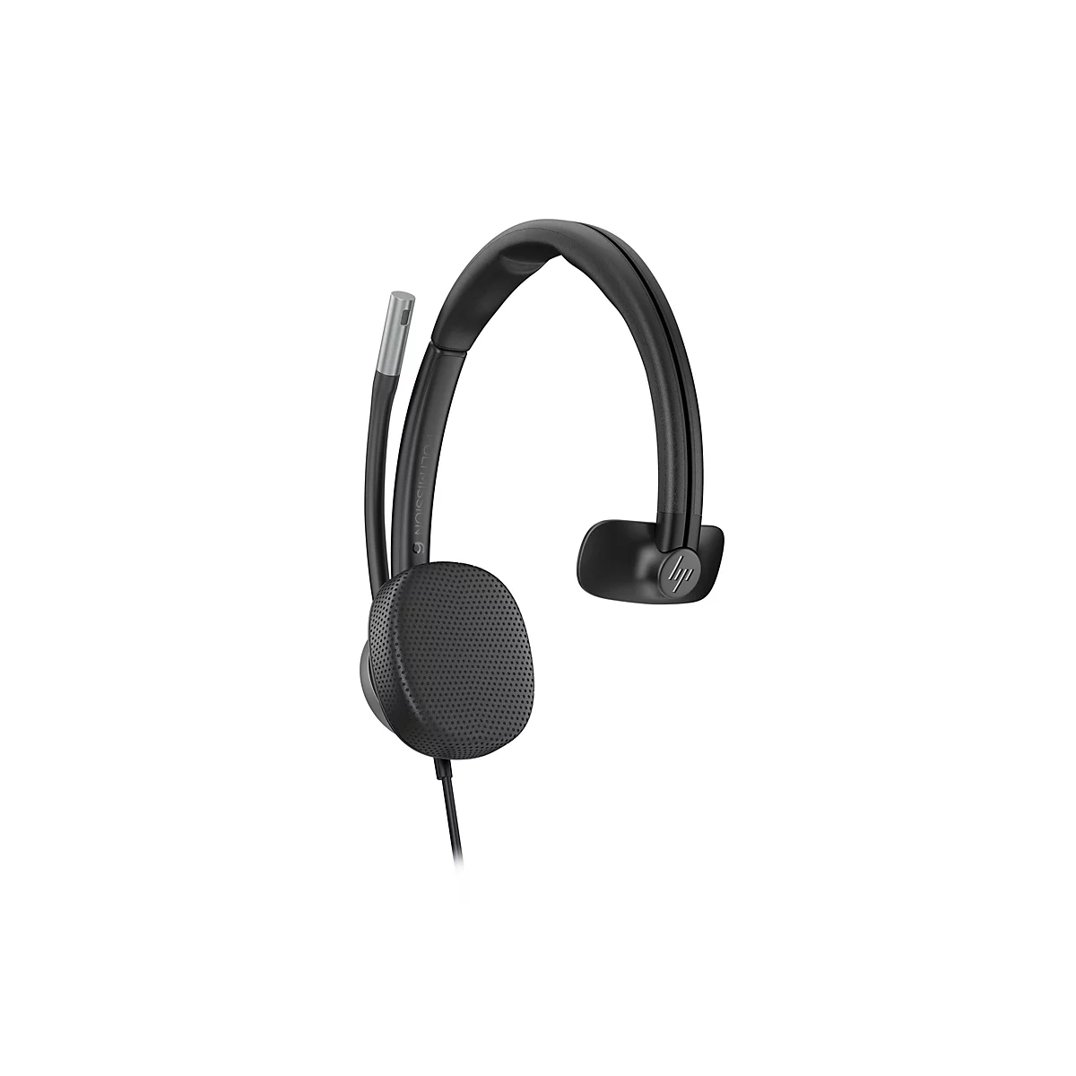 Schwarzes HP Headset mit Mikrofon und gepolstertem Bügel, freigestellt vor weißem Hintergrund.