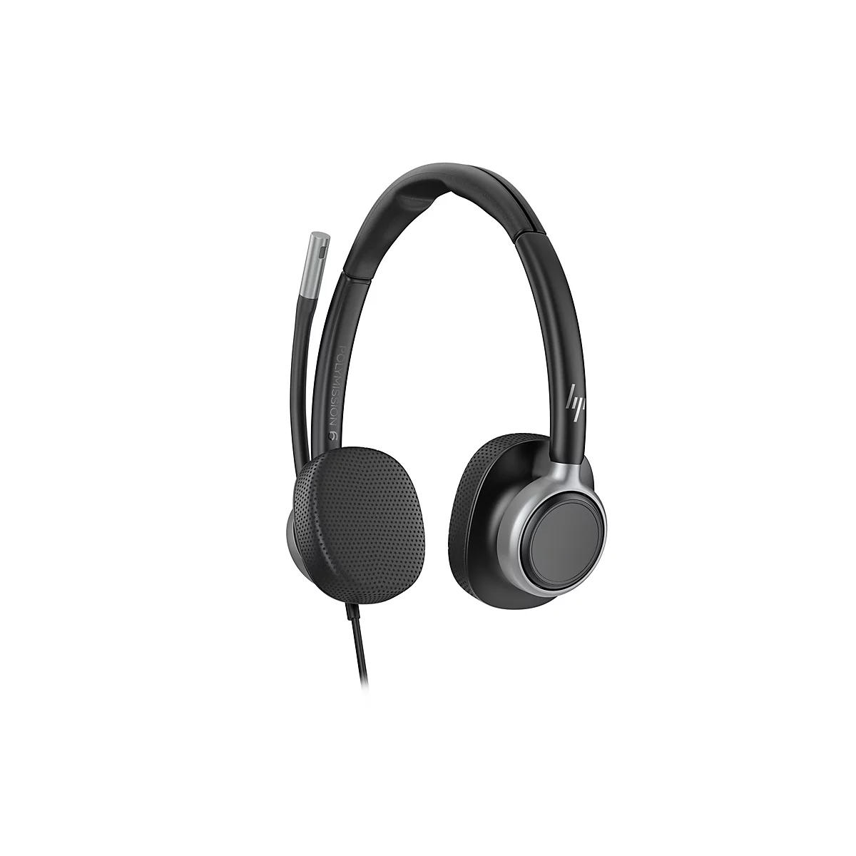 Schwarzes HP Headset mit Mikrofon auf weißem Hintergrund. Das Headset hat eine silberne Mikrofonhalterung und Ohrmuscheln.