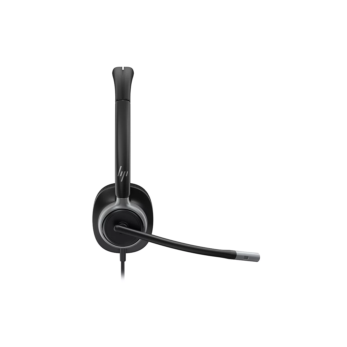 Ein schwarzes Headset mit Mikrofon auf weißem Hintergrund. Der Kopfbügel und der Mikrofonarm sind gebogen. Das HP Logo ist sichtbar.