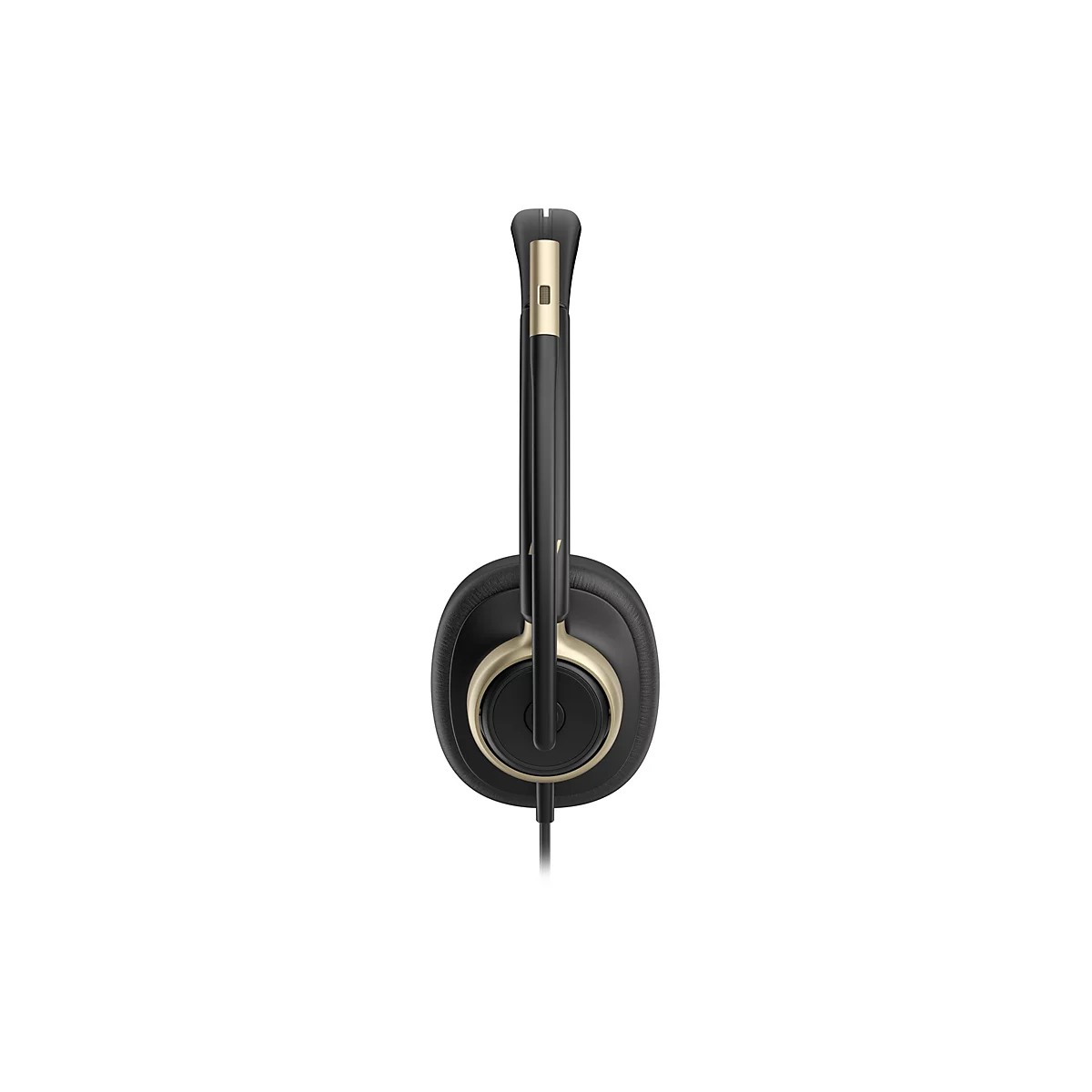 Schwarzes Headset mit goldenen Akzenten in Seitenansicht vor weißem Hintergrund.