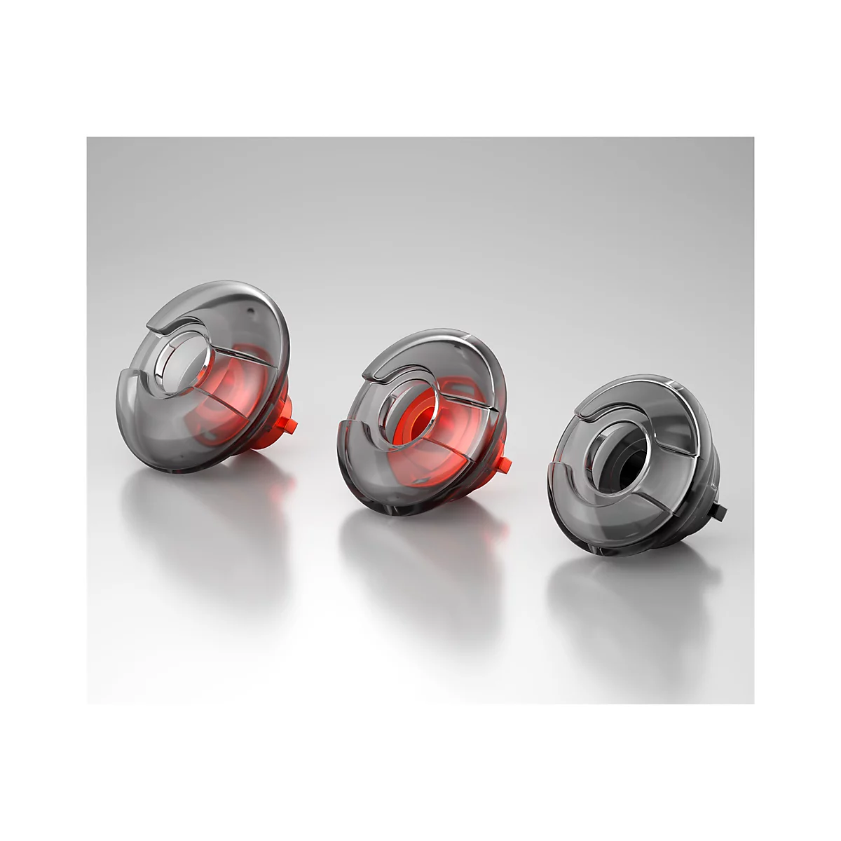 Drei technische Bauteile auf grauem Hintergrund, transparentes Grau, roter Kern.