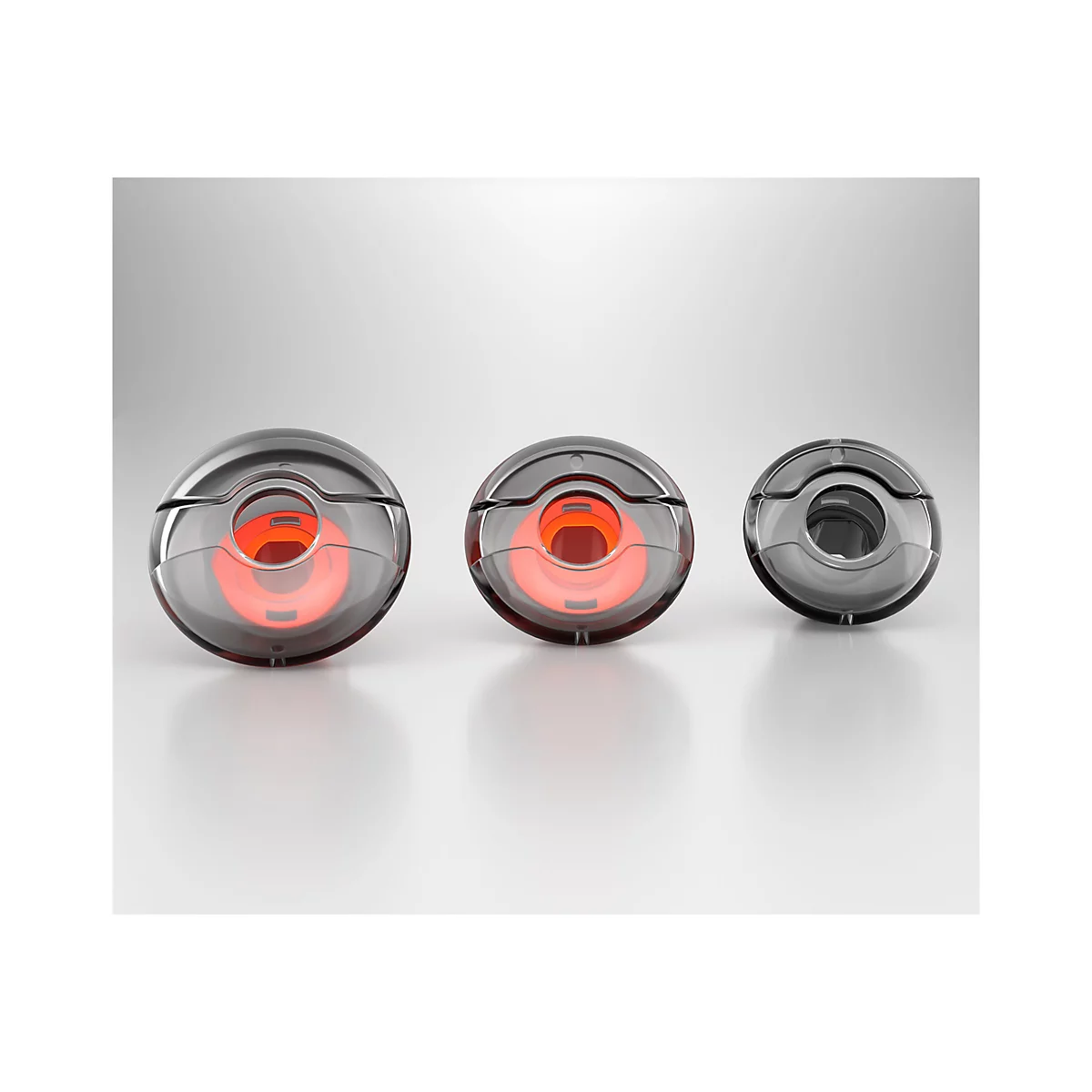 Drei runde, transparente Objekte mit rotem Innenleben, auf weißem Grund. Das linke und mittlere Objekt leuchten rot, das rechte ist transparent.