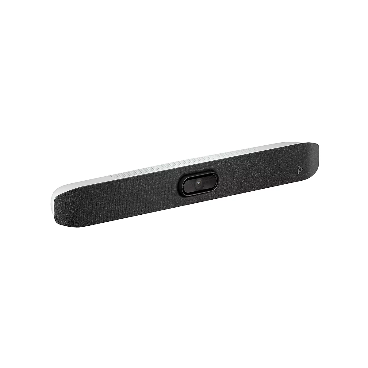 Schwarze Soundbar mit Kamera auf weißem Grund. Auf der Oberseite befindet sich ein silberner Bereich mit Löchern.