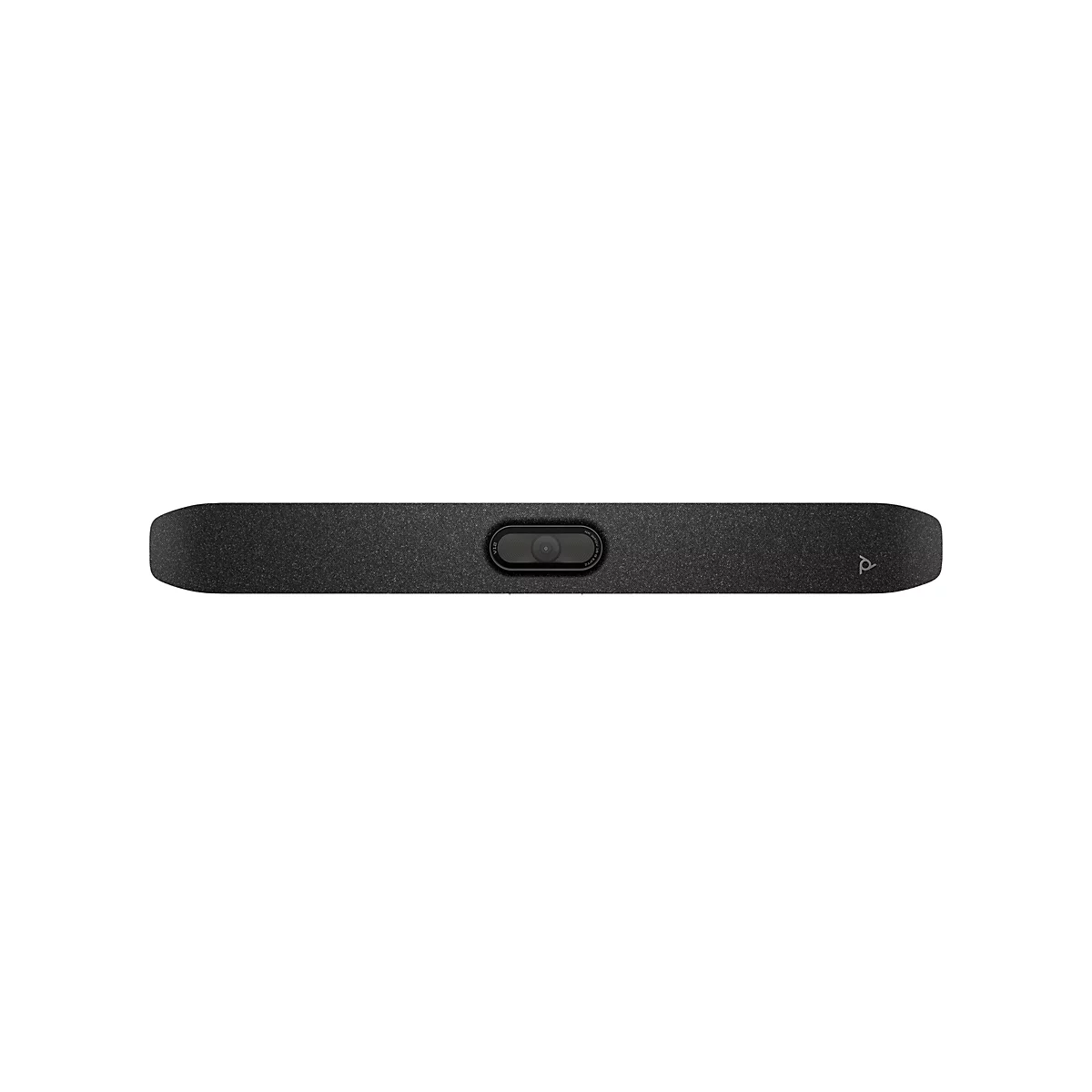 Schwarze Soundbar mit Kamera, weißer Hintergrund. Mittig die Kamera, links und rechts abgerundete Ecken.