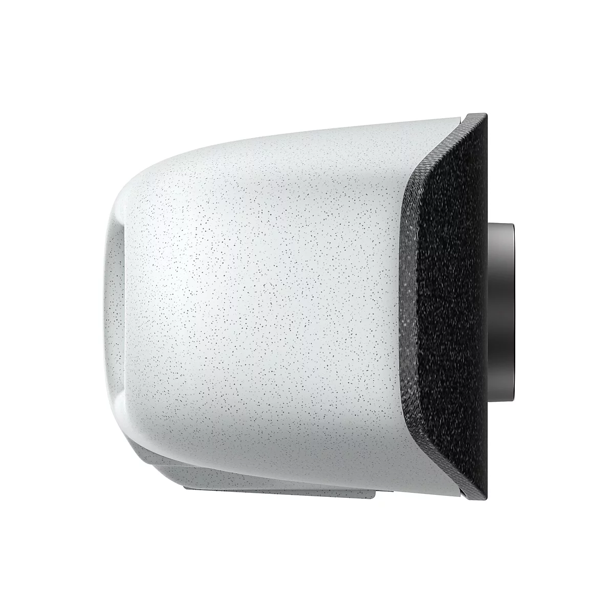 Ein abgerundetes, weißes Gerät mit einer strukturierten, schwarzen Oberfläche an der Seite. Die Oberfläche ist mit winzigen, grauen Punkten bedeckt.