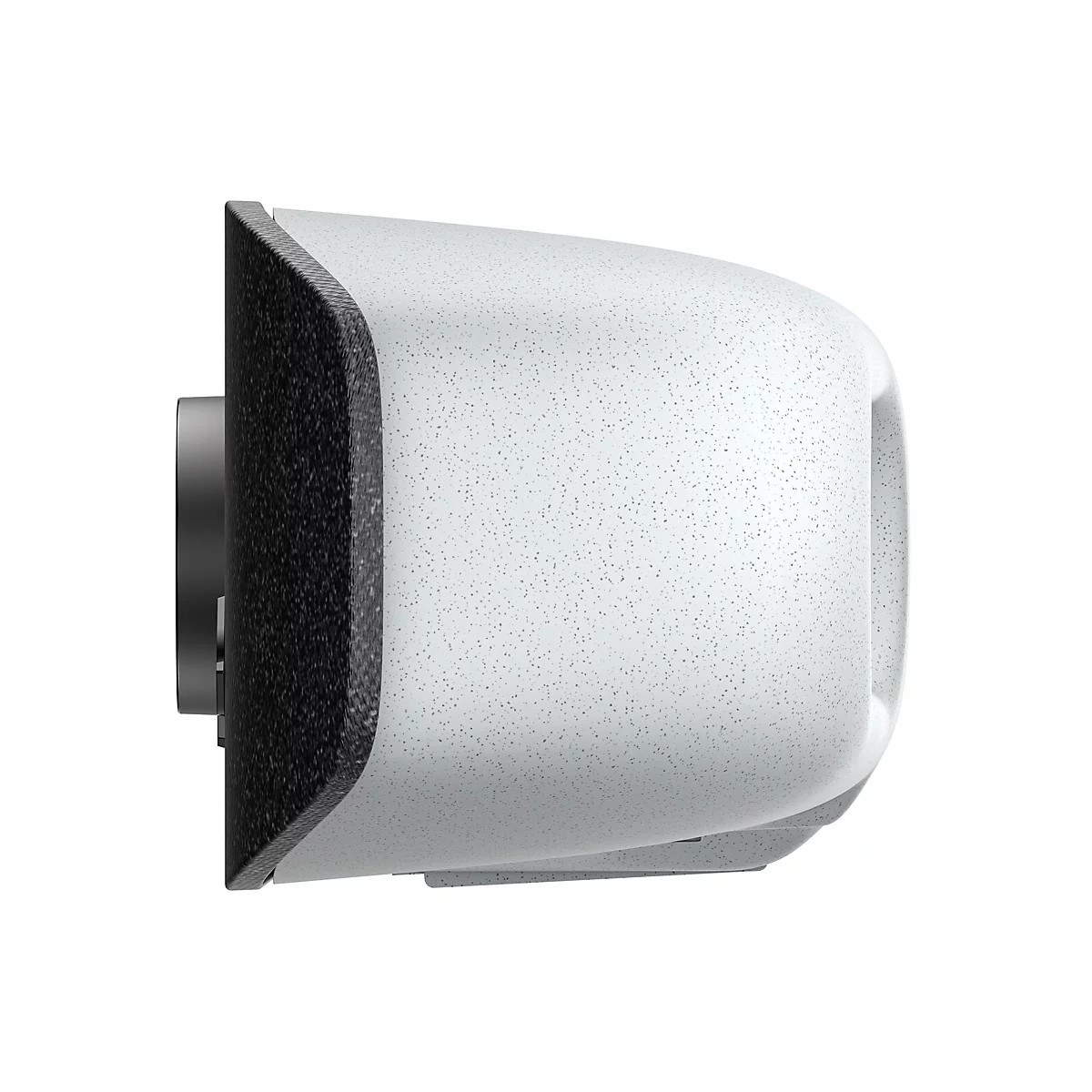 Detailaufnahme eines weißen, abgerundeten Objekts mit gesprenkelter Oberfläche. Links ein schwarzer, strukturierten Abschnitt, dahinter ein grauer Zylinder.