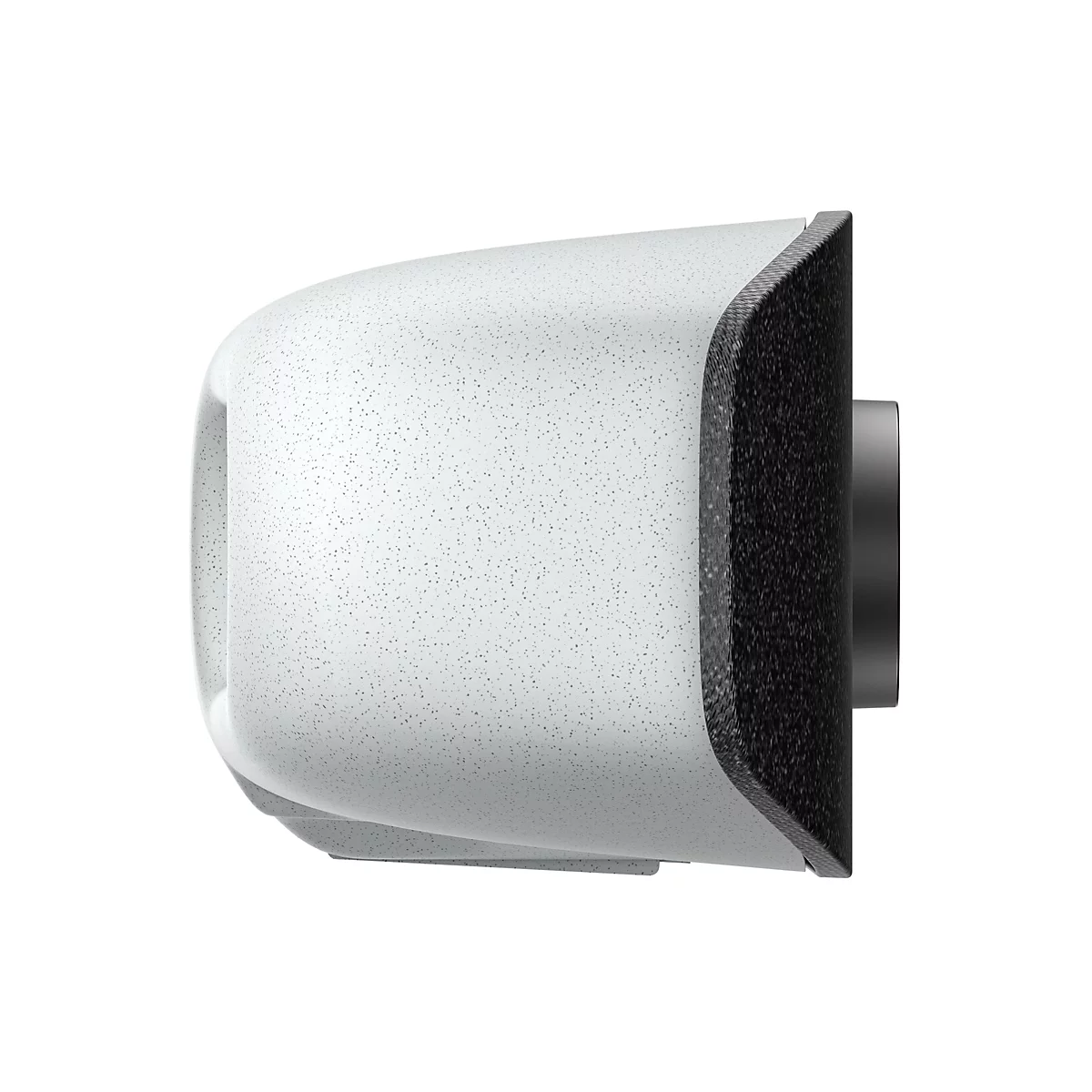 Ein abgerundetes, weißes Gerät mit einer strukturierten Oberfläche, rechts ein schwarzes, strukturiertes Element und ein grauer Zylinder. Die Oberfläche ist mit kleinen Punkten versehen.