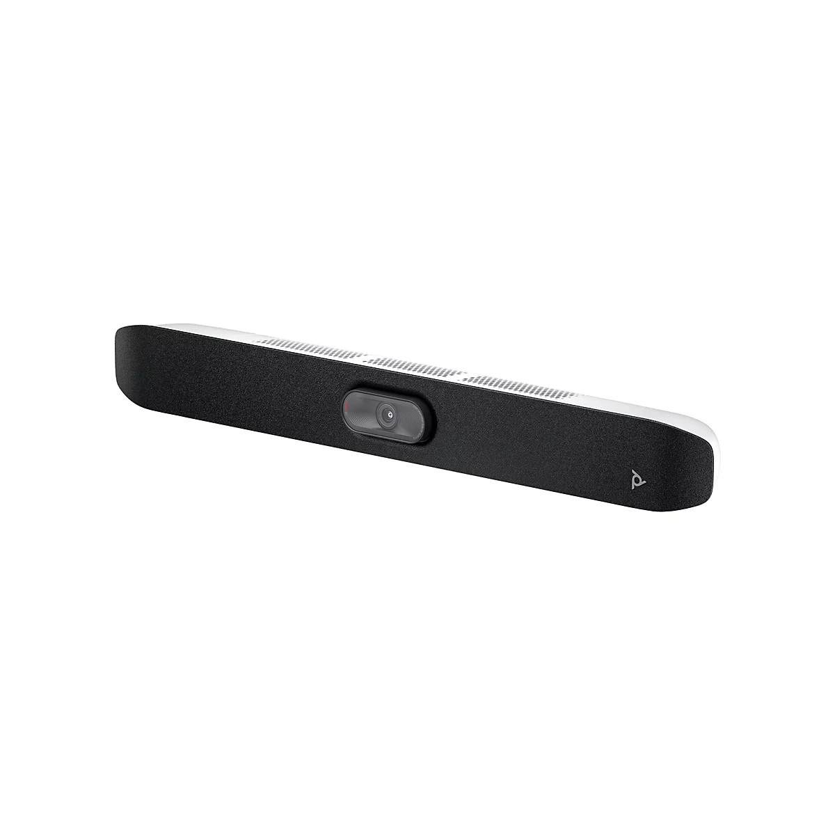 Ein schwarzes Soundbar mit integrierter Kamera und Mikrofon vor weißem Hintergrund. Das Gerät hat ein graues Lautsprechergitter und ein weißes Oberteil.