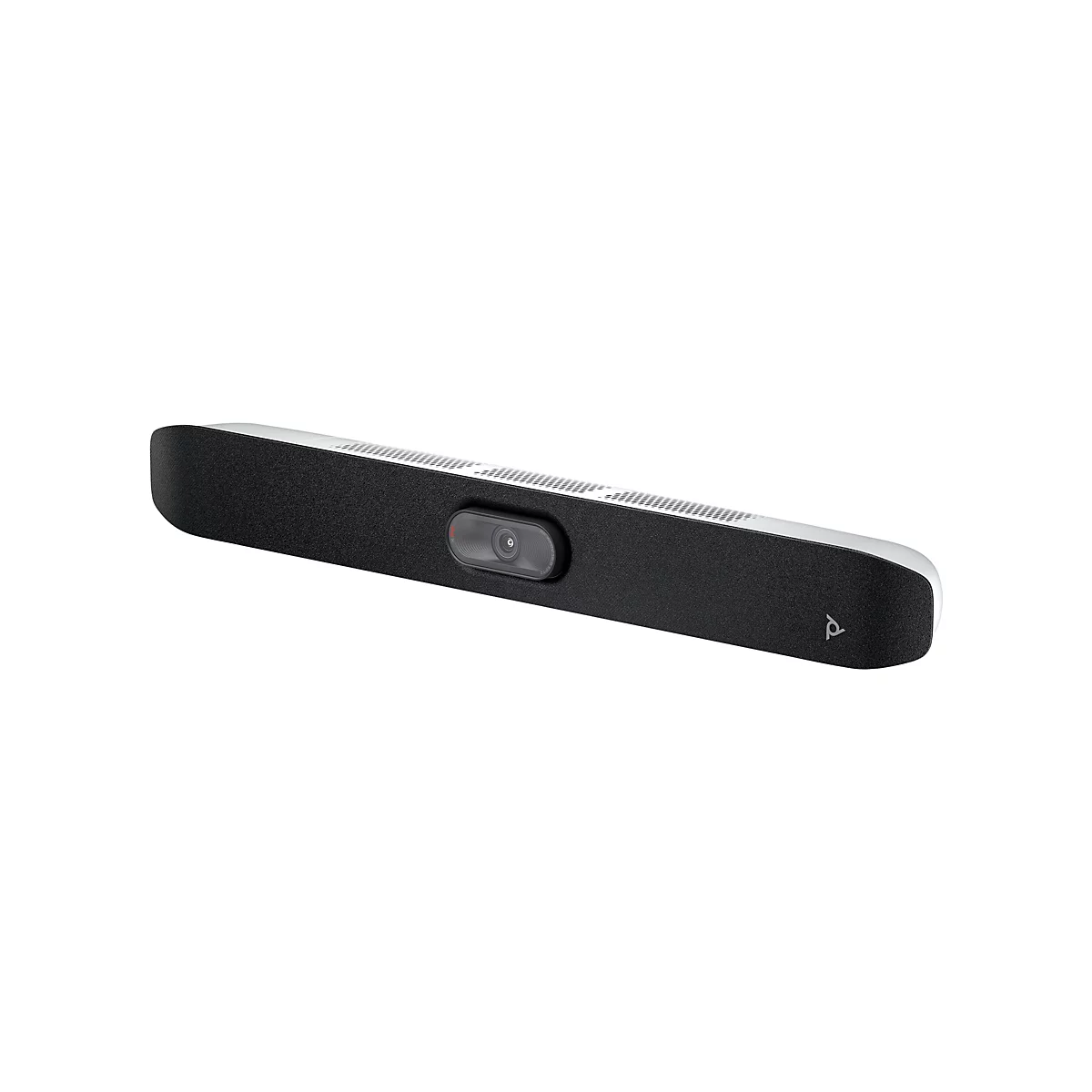 Schwarze Soundbar mit Kamera in der Mitte, weißer Rahmen und Poly Logo.
