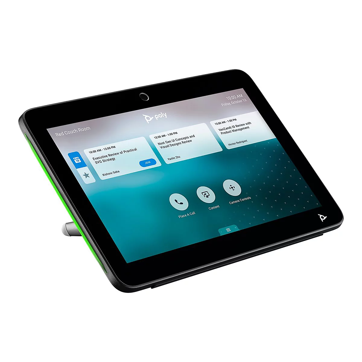 Schwarzes Tablet mit grünen Akzenten. Auf dem Bildschirm sind Besprechungsdetails zu sehen. Das Gerät steht auf einem kleinen Metallfuß.