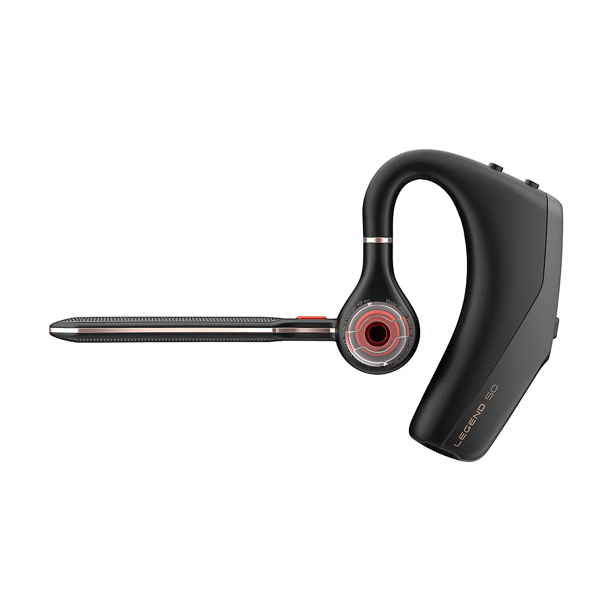 Schwarzes Bluetooth-Headset auf weißem Hintergrund, mit roségoldfarbenen Akzenten. Auf dem Gehäuse steht "LEGEND 50".