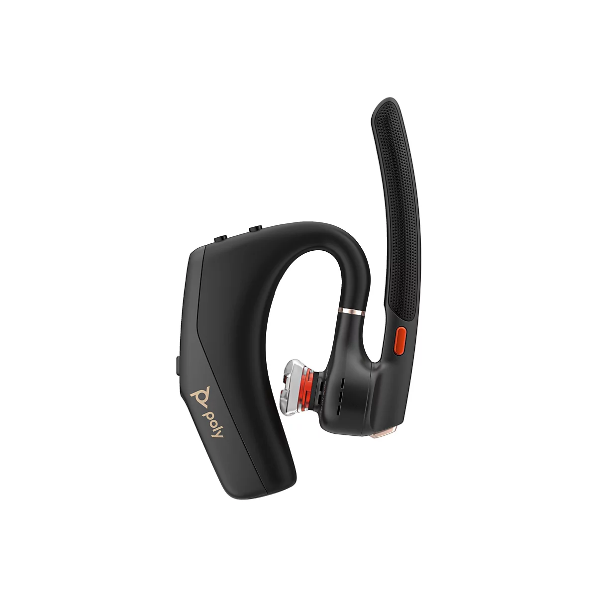 Schwarzes Bluetooth-Headset mit Ohrbügel und rotem Akzent. Auf dem Gerät ist das Poly-Logo zu sehen.