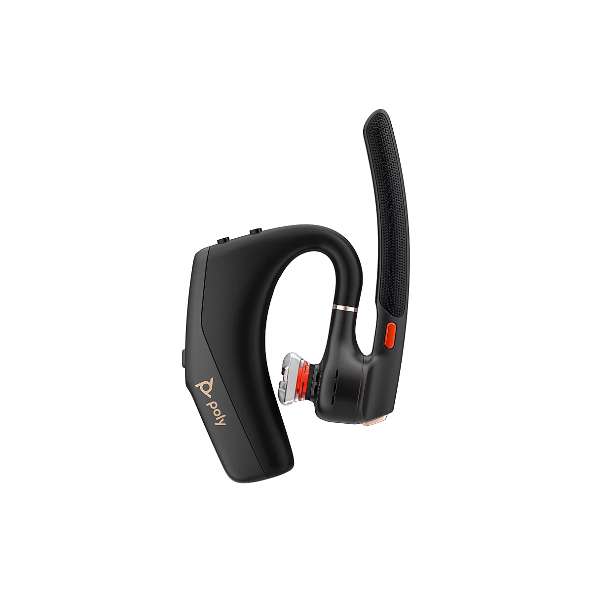 Schwarzes Bluetooth-Headset mit orangefarbenem Knopf und transparenten Akzenten, Poly-Logo.