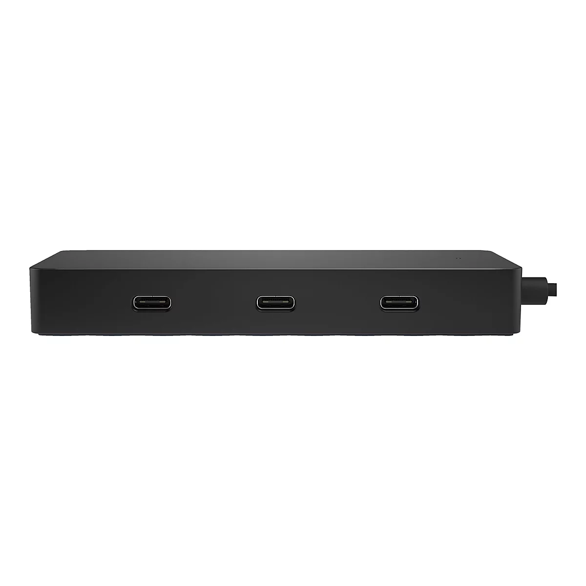 Schwarze Dockingstation mit drei USB-C-AnschlÃ¼ssen und einem Anschluss. Das GerÃ¤t liegt vor weiÃŸem Hintergrund.