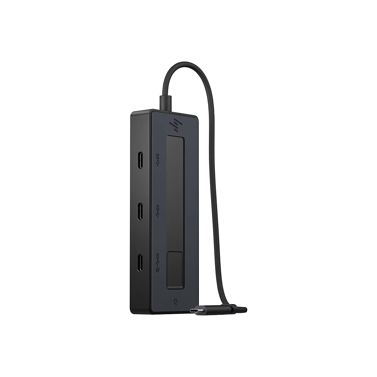 Schwarzer USB-C-Hub mit mehreren Anschlüssen. Das Gerät hat ein abgerundetes Rechteckdesign und ein schwarzes Kabel mit USB-C-Anschluss.