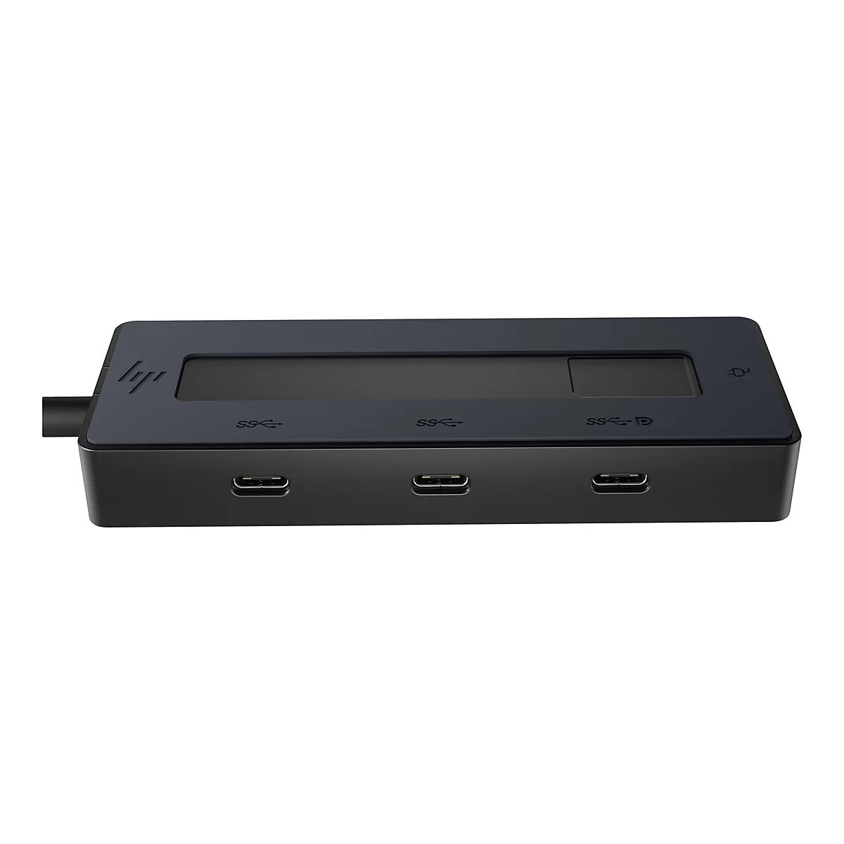 Schwarzer USB-Hub mit drei Anschlüssen und HP-Logo.