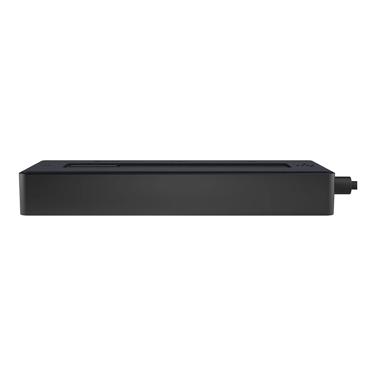 Schwarzer, rechteckiger Netzwerk-Router mit Anschlüssen und Öffnungen. Auf weißem Grund.