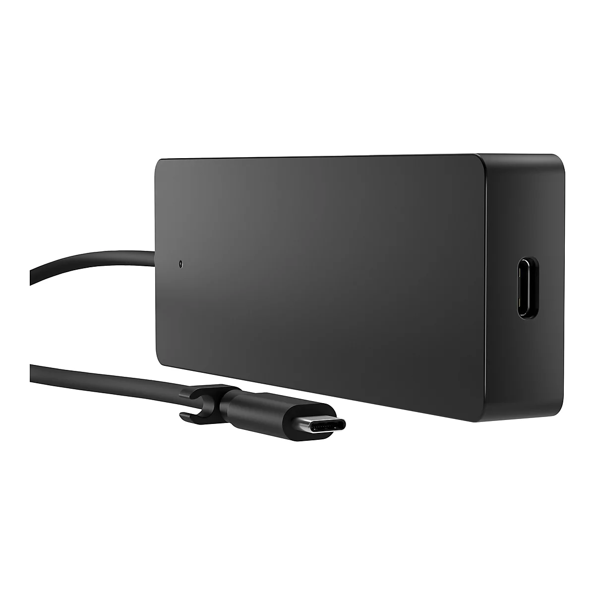 Schwarzes Netzteil mit USB-C-Anschluss und Kabel; liegt vor weiÃŸem Hintergrund.