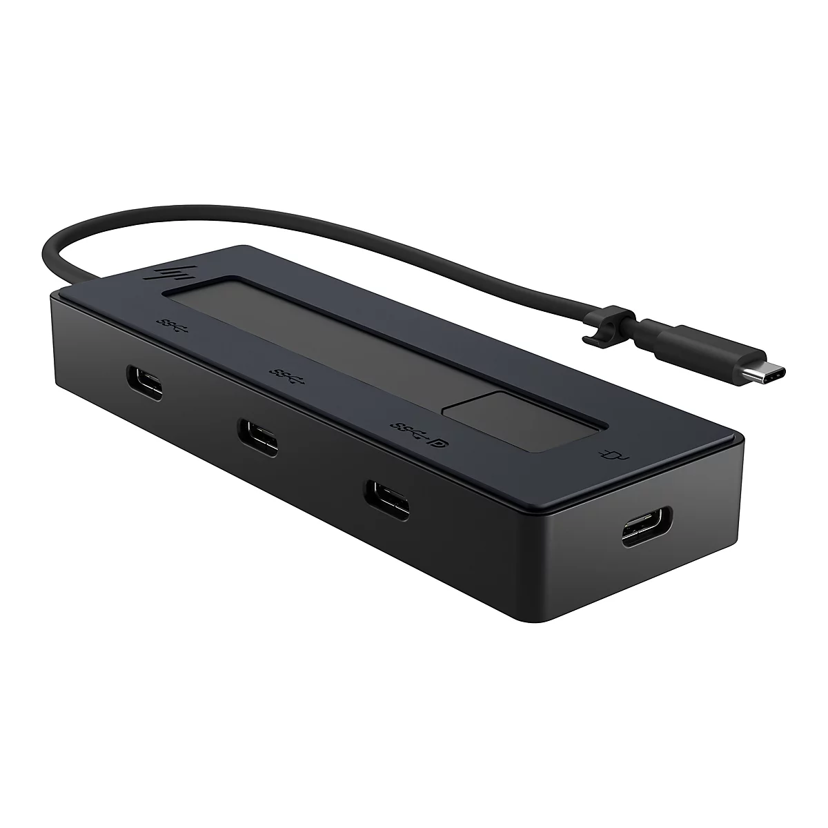 Schwarzer USB-C-Hub mit HP-Logo, mehreren AnschlÃ¼ssen, und fest integriertem Kabel.