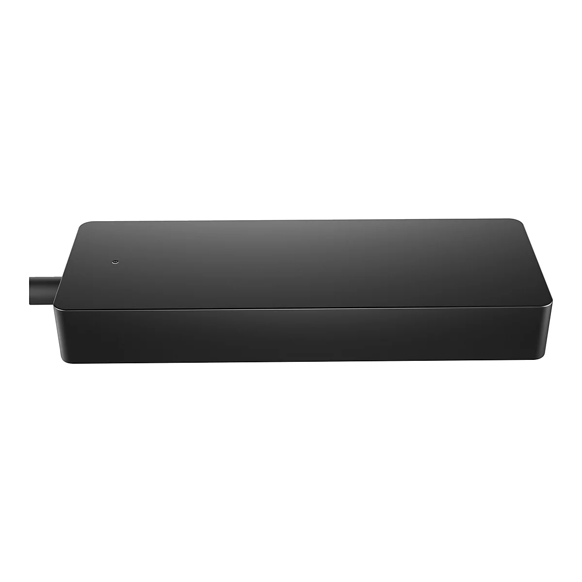 Schwarzes, rechteckiges Netzteil mit abgerundeten Kanten, einem Stecker und einer kleinen LED-Anzeige.