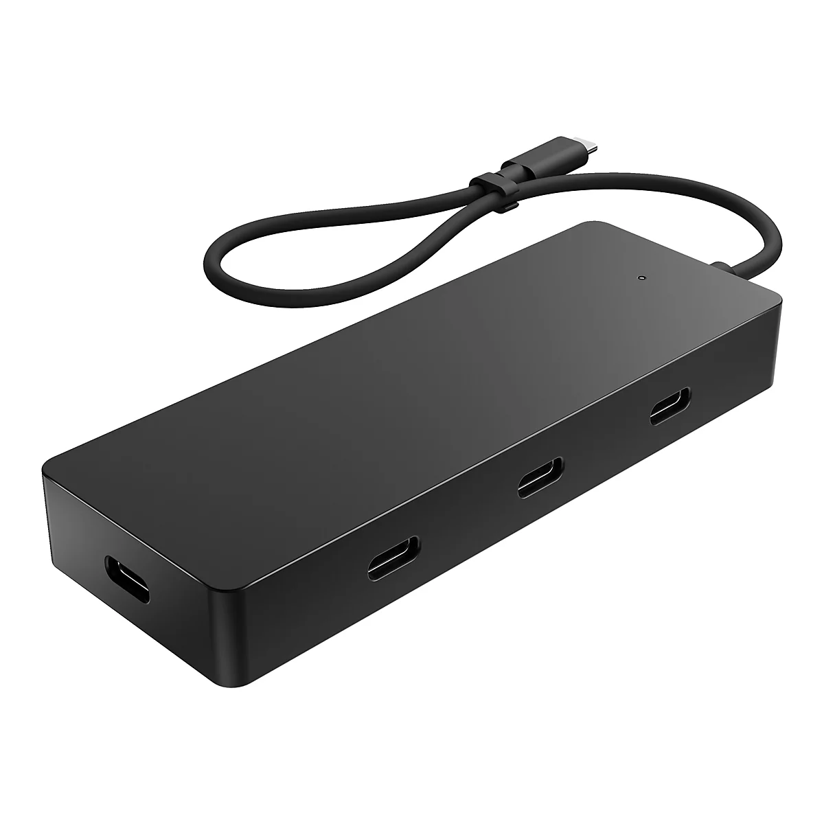 Ein schwarzer USB-C-Hub mit mehreren AnschlÃ¼ssen und einem integrierten Kabel.