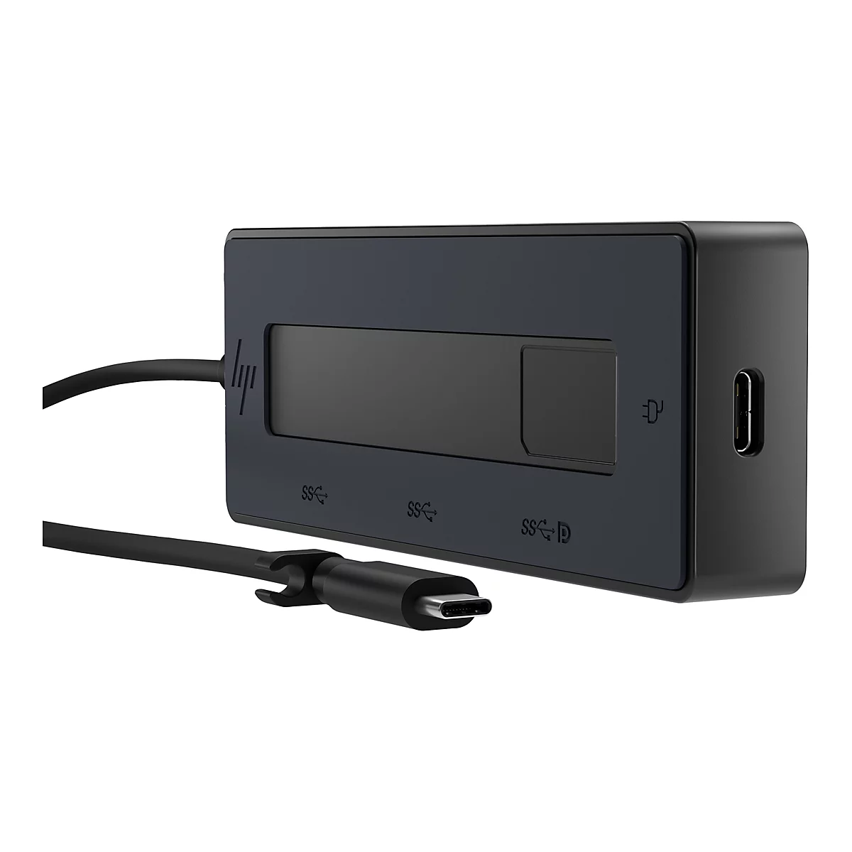 Schwarzer HP USB-C-Hub mit Kabel; AnschlÃ¼sse: USB-C, USB 3.0, HDMI.